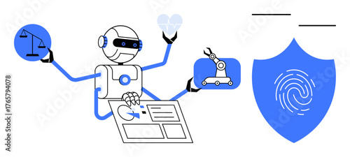 Robot with extended arms balancing justice, heart, automation task, data chart, and security shield. Ideal for AI ethics, automation, technology, cybersecurity robotics innovation and digital