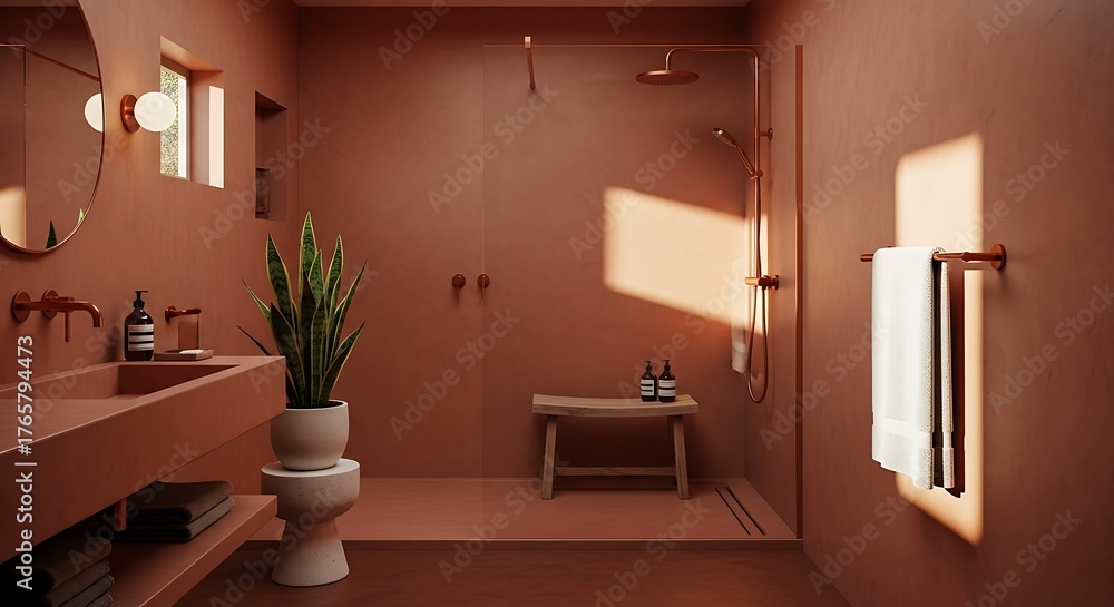 Fototapeta premium Modern Terracotta Bathroom Interior with Warm Sunlight and Minimalist Aesthetic.