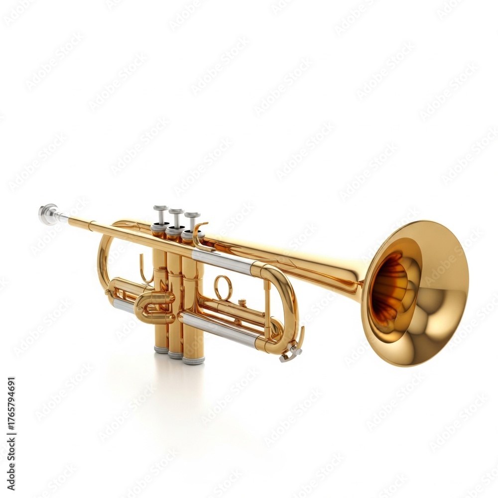 Obraz premium Golden Brass Trumpet on White Background Metal Valves Musical Instrument