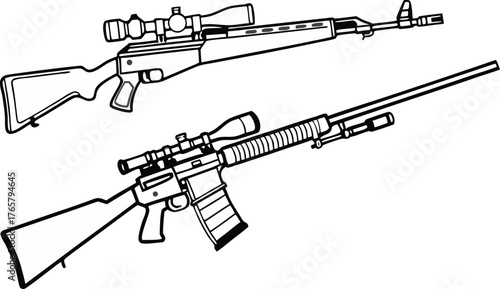 Powerful sniper rifles in detailed line art, showcasing precision and tactical design, perfect for gaming or military themes