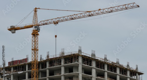Yellow construction crane towering over an unfinished concrete building against a cloudy sky.