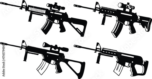 Dynamic collection of assault rifles, powerful weaponry for defense, security, and tactical applications in striking black silhouette