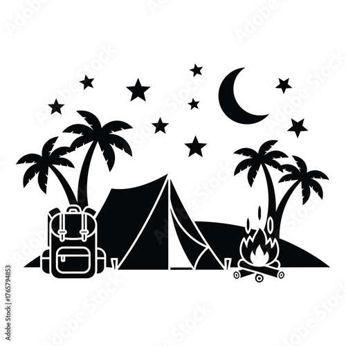 camping on island silhouette icons tent, campfire, palm trees, moon, stars, and backpack silhouettes