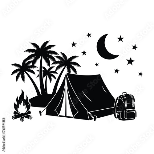 camping on island silhouette icons tent, campfire, palm trees, moon, stars, and backpack silhouettes