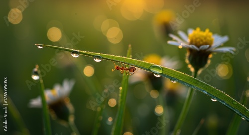 An ant crawls on a blade of grass with water droplets, with daisies and bokeh in the background.