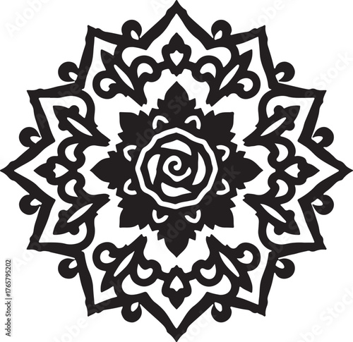 Black Floral Mandala Design,
Decorative Geometric Ornament Vector,
Symmetrical Floral Pattern Illustration