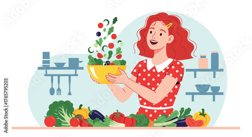 Woman preparing a fresh salad with vegetables in the kitchen.