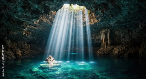 Wet, moss-covered rocks frame a woman enjoying the natural, green landscape of a flowing river and misty waterfall in a summer jungle forest park