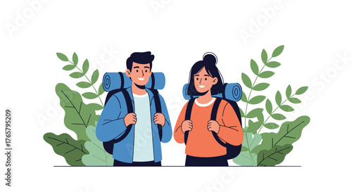 Two hikers with backpacks ready for an outdoor adventure in nature.
