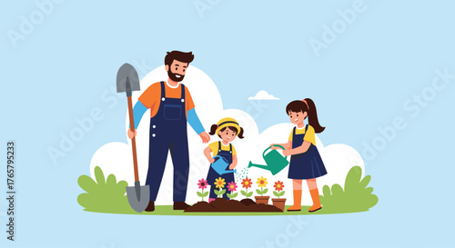 Family gardening together in the backyard with tools and plants.