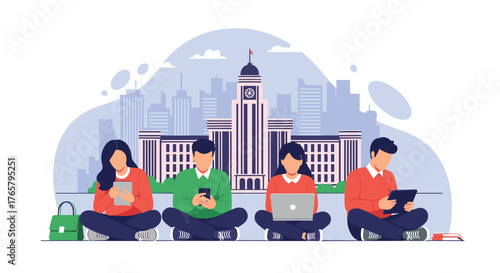 A diverse group of young students using technology for learning.