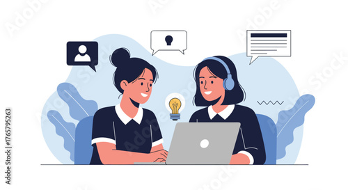 Two women collaborating on a laptop with communication icons above them.