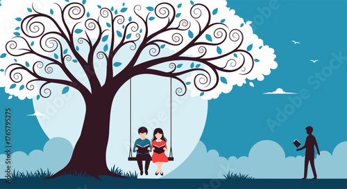Young couple enjoying a peaceful moment on a swing under a stylized tree illustration.