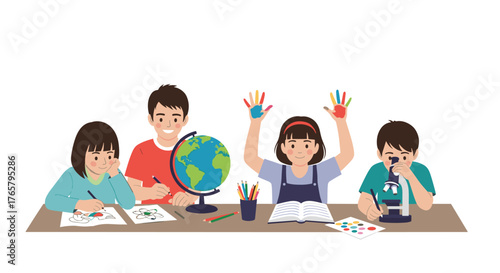 Group of diverse children learning art and science in a classroom.