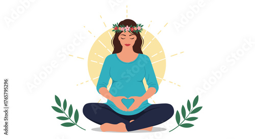 Serene pregnant woman meditating with a flower crown.
