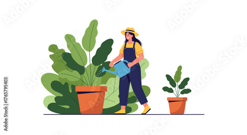Woman watering plants in the garden with a watering can.