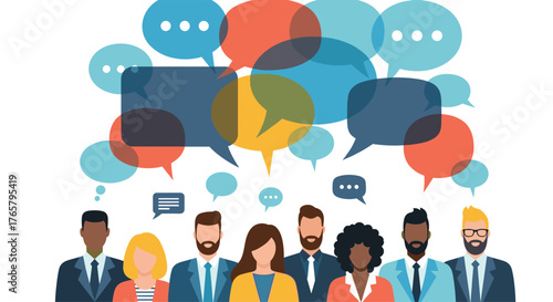Diverse group of people communicating and sharing ideas with speech bubbles.
