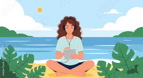 Young woman meditating on beach listening to music with headphones.