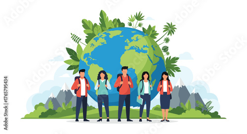 Group of Travelers Standing in Front of Earth Globe with Backpacks.