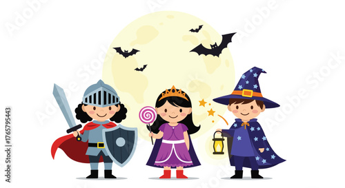Three happy children dressed in fun Halloween costumes ready for trick or treating.