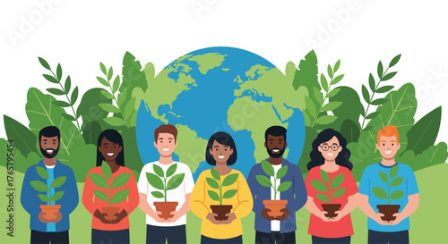 Diverse Group of People Holding Plants in Front of Earth.