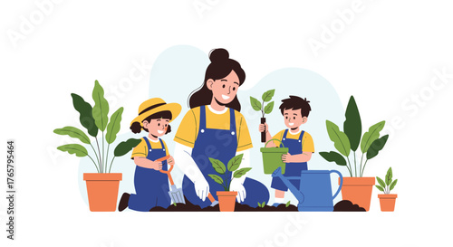 Mother and children planting together in garden illustration.