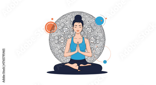 Woman in lotus yoga pose with hands in prayer position.