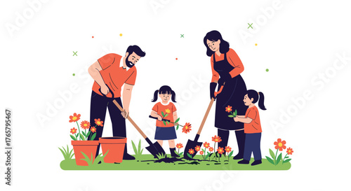 Family gardening together planting flowers in the garden on sunny day.