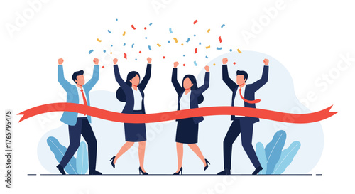 Business team celebrates victory crossing the red finish line together.