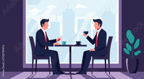 Two businessmen in suits having a meeting over coffee.