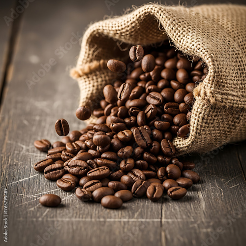 Rich dark roasted coffee beans spill from burlap sack onto rustic wooden table