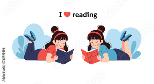 Two girls reading books together enjoying leisure time and education.