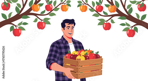 Man holding a wooden crate filled with apples under apple trees.