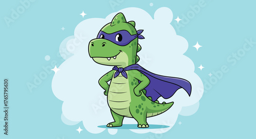 Cute Green Dinosaur Superhero with Mask and Cape Standing Confidently.