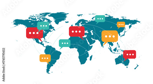 World map with speech bubbles indicating global communication and connectivity.