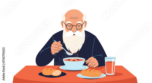Elderly man with white beard enjoying a meal at a table.