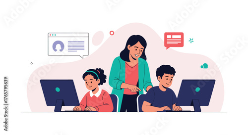 Teacher Assisting Students with Online Learning on Computers.