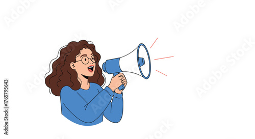 Woman with curly hair speaking through a megaphone to announce something.