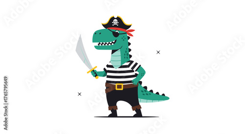 Cartoon Tyrannosaurus Rex dressed as a pirate captain holding a sword.