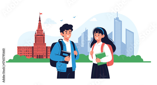 Two happy students with backpacks and books talking outdoors.