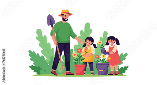 Father and two daughters planting flowers together in a garden.