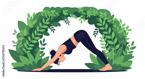 Woman Practicing Downward-Facing Dog Yoga Pose Amidst Lush Greenery.