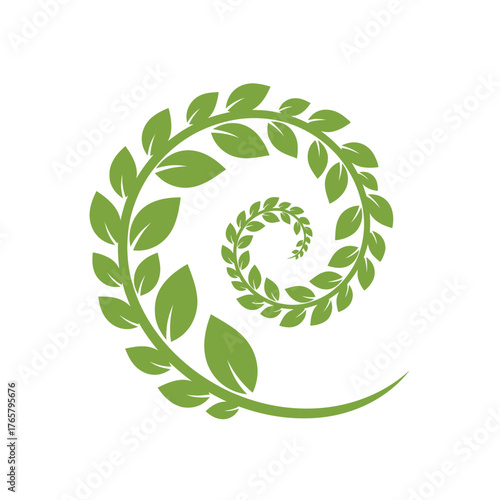 A green spiral of leaves forming a natural, organic pattern on a white background.