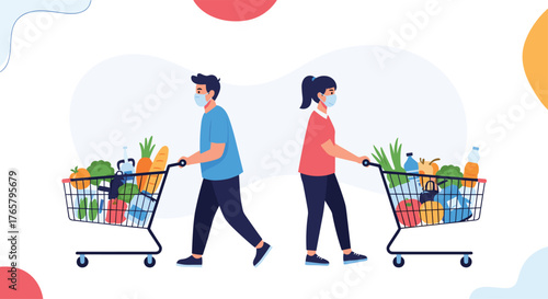 People Shopping with Full Grocery Carts.