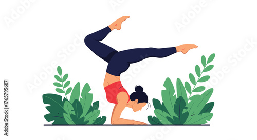 Woman in Yoga Pose - Handstand with Leg Extension.