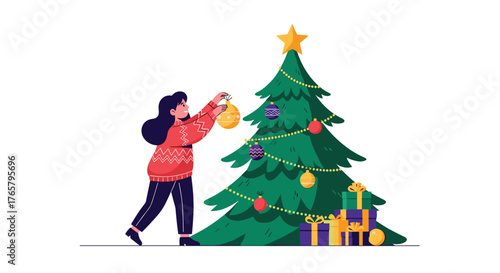 Woman decorates Christmas tree with ornaments and gifts for holiday season.