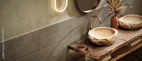 Contemporary bathroom interior design with green tiles and green walls. Modern bathroom vanity with copy space. 3D Rendering, 3D Illustration  © hd3dsh