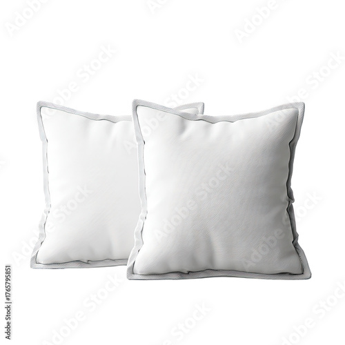 Two square, soft, white cushions with a decorative border on a black background