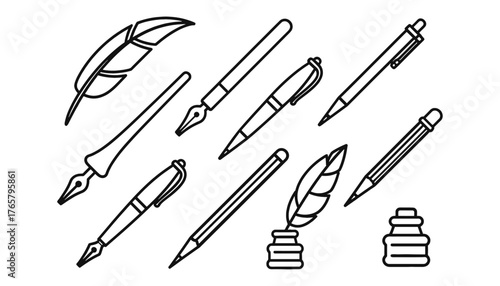 Classic and Modern Writing Instrument Line Art Vector Icon Set. Outline Collection of Various Pens, Pencils, Quill, Inkwell, and Nib for Education, Journalism, Authorship, and Communication Concepts.
