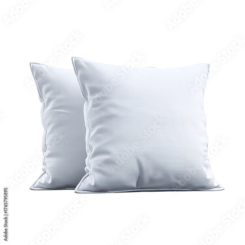 Two square, fluffy, white pillows, seemingly resting on each other, with a dark background
